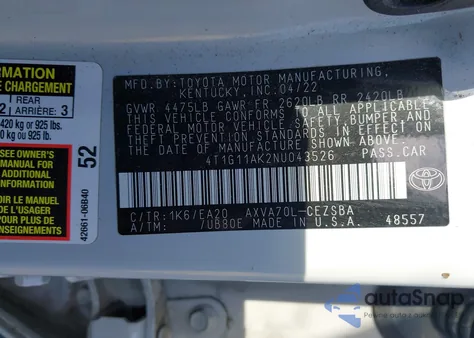 2022 Toyota Camry Se из США, поврежденный, VIN 4T1G11AK2NU043526